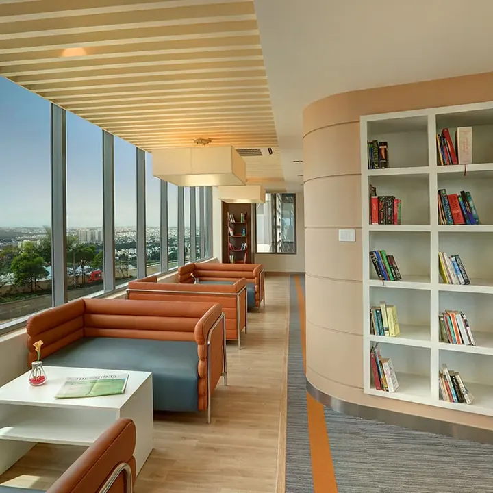 The Promont, Bengaluru - another Tata Housing project Library lounge with full-height windows at The Promont, Bengaluru